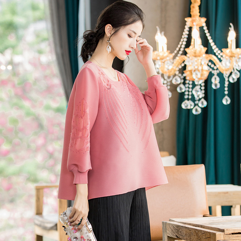 Pleated Oversized Top Early Spring 2020 New Loose Fashion Embroidered Beaded All-around shirt