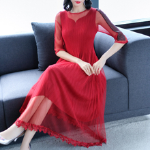 Mesh Dress Spring 2019 New Women's Dress Nailed Pearl Embroidered Large Size Pleated Dress