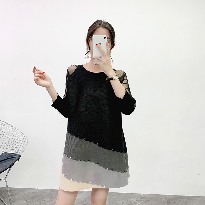 Pleated Color Blocking Dress Hollow Sexy 2019 Winter New Loose Large Size Pleated Dress