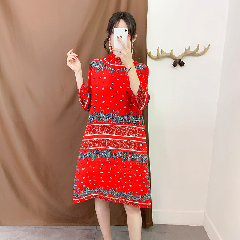 Women Fashion New Autumn Pleated Dresses Tidal Print Loose Big Size Dress