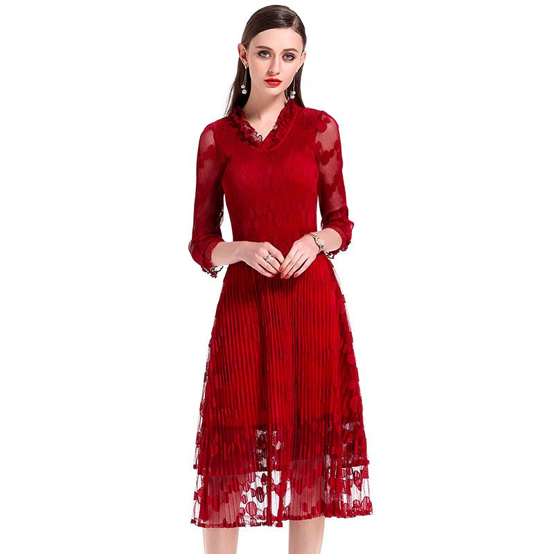 European And American Pleat V neck Lace Original Fashion womens Dress