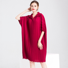 Women Crinkled Office Lady Straight Solid Half Length Sleeves Knee-length Pleated Dress