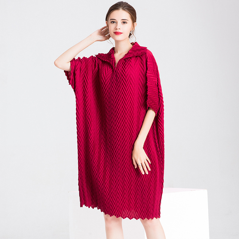 Women Crinkled Office Lady Straight Solid Half Length Sleeves Knee-length Pleated Dress