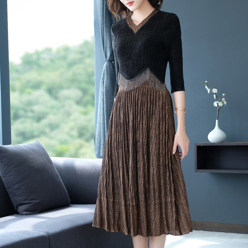 Slim Pleated Dress Fall 2019 New Style Women's Big Size Fashionable Stitching Pleated Dress