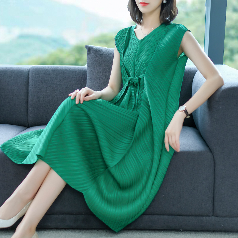 Fashion New Spring Summer Big Size Pleated Short Sleeves Dresses