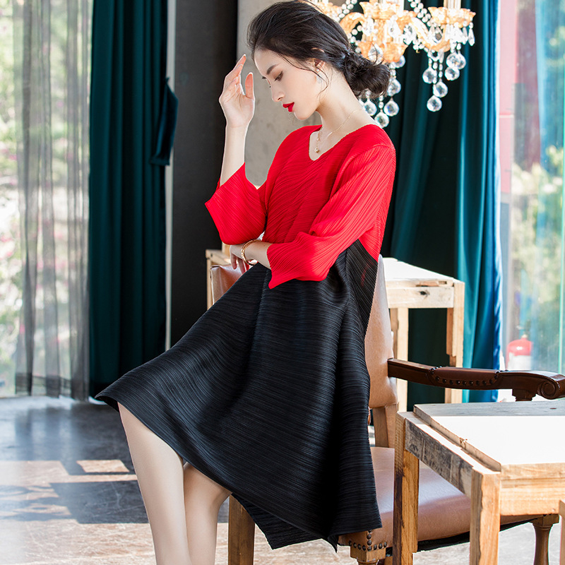 Women Pleated Contrast Panel Dress Spring 2020 New Women's Loose Large Dress