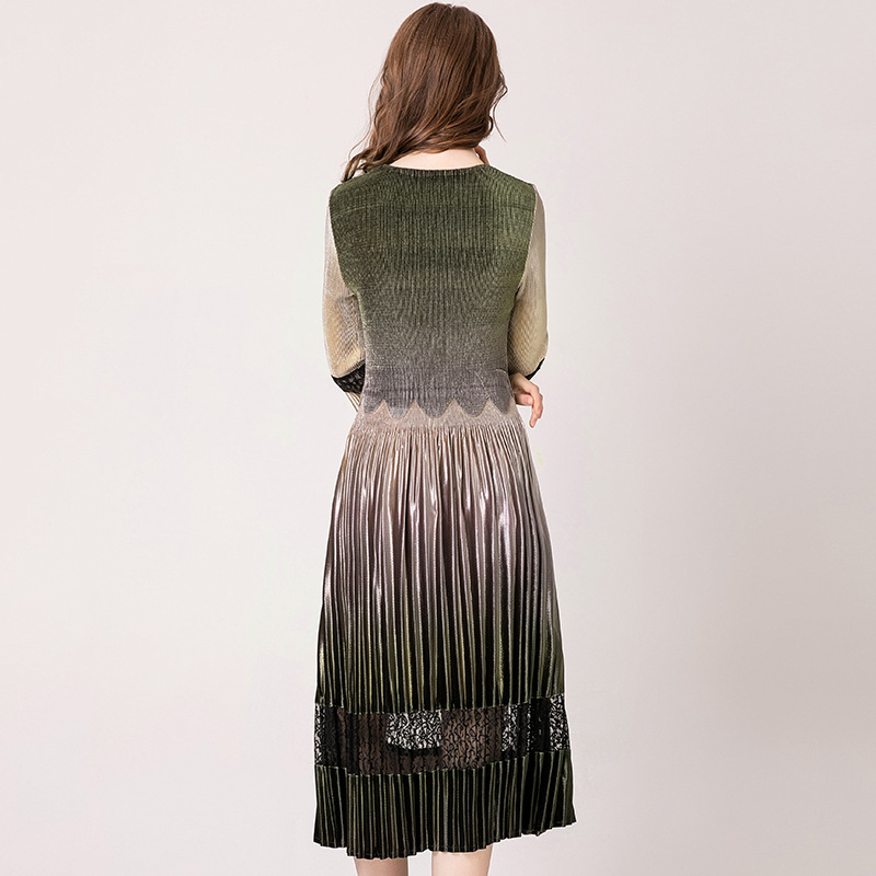 Ice Silk Pleated Dress Gradual Color Spring And Autumn Velvet Women's Long Dress