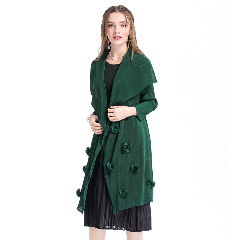Women Pleated Fashion Jacket Boutique Spring Outerwear Casual X-long Slim Coat