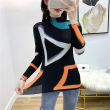 Spring Autumn New Style Pleated Printing Long Sleeve T-shirt High Collar Women's Versatile Fashion Tops