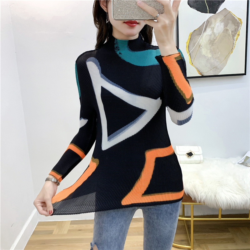 Spring Autumn New Style Pleated Printing Long Sleeve T-shirt High Collar Women's Versatile Fashion Tops