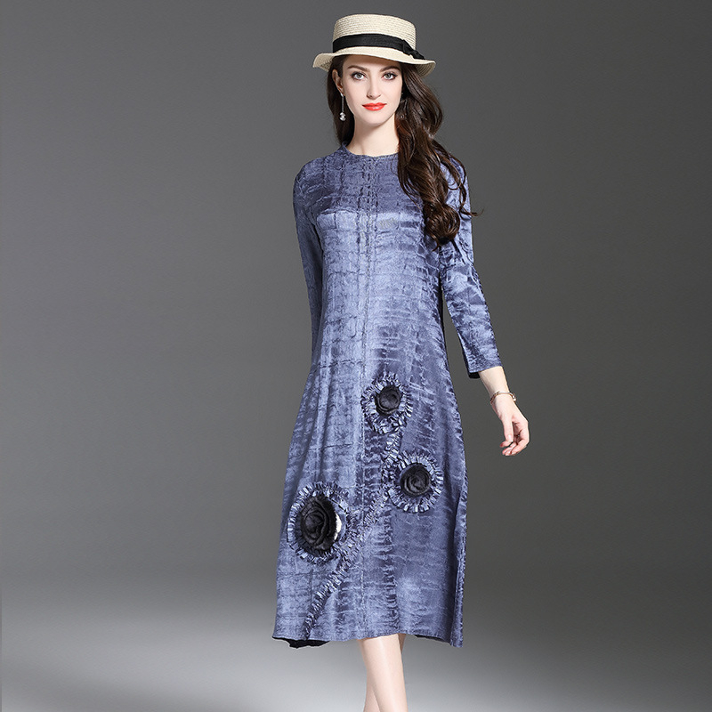 Woman Ol Flower Middle Age A-line Floral Appliques O-neck Spring Dress