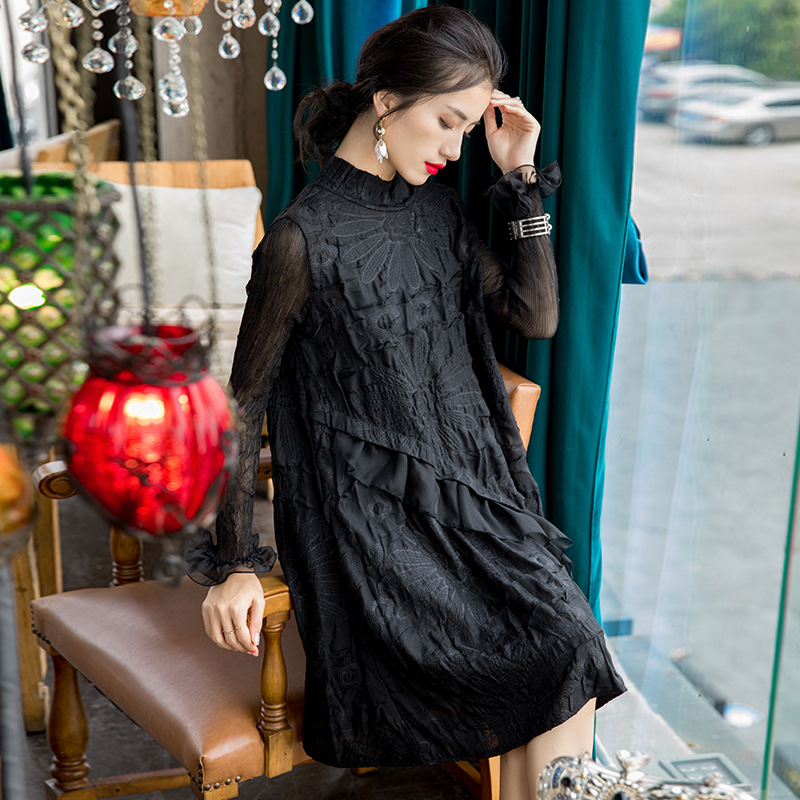 Women Embroidered Pleated Dress New Long Sleeve Loose Large A-line Dress Trend In Spring 2020