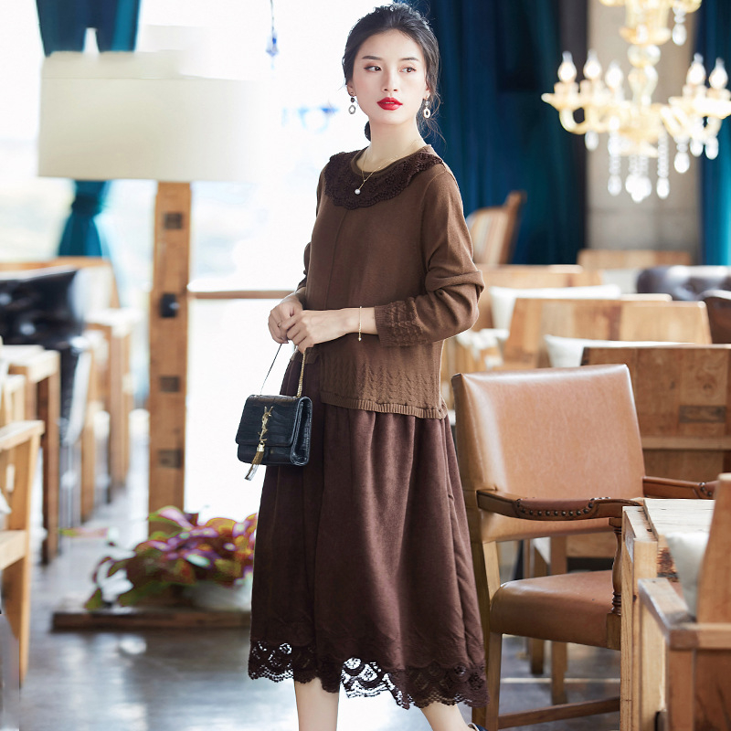 Knitted Embroidery Bottomed Dress Women's Long Sleeve Splicing Large Loose Dress Autumn And Winter 2019