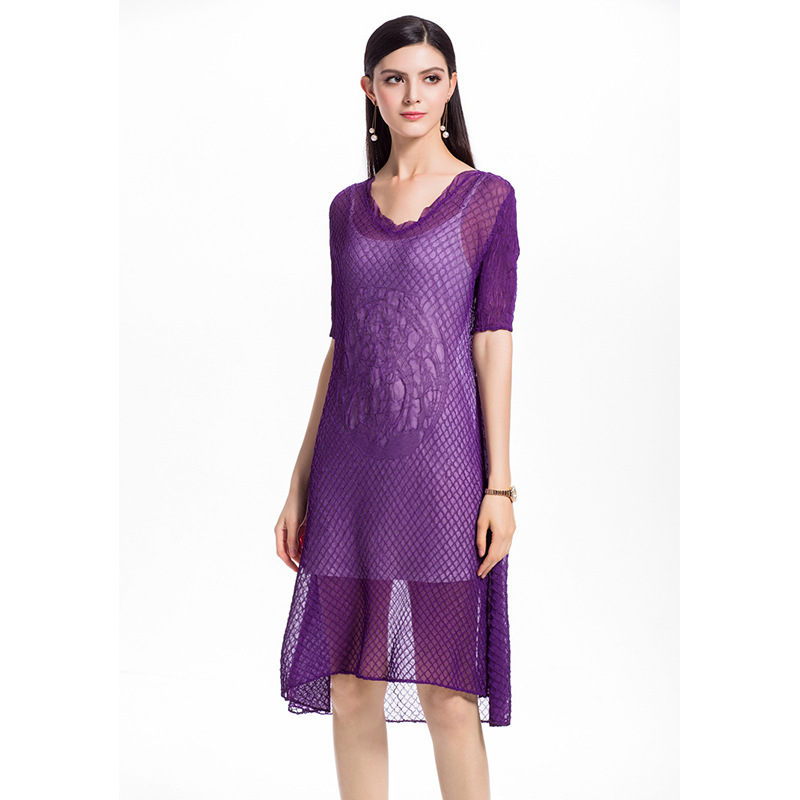Women Summer Lace Solid Color Elegant Lady Wrinkle Slim Free Size One Piece Long Dress