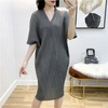 Women Pleated Dress V-neck Pleated Big Size Loose Large Dress