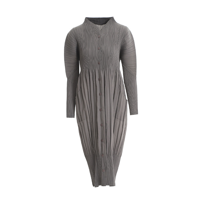 Spring Women Pleated Solid Color Buttons Loose Big Size Popular Dresses