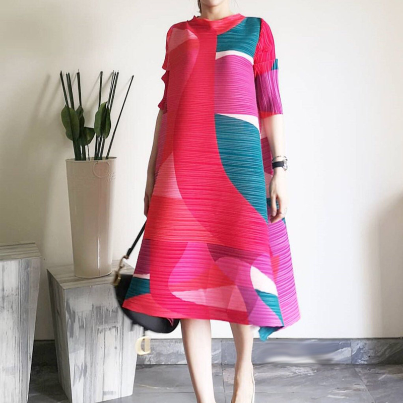 Spring 2020 New Stand Collar Printed Loose Large Fashionable Pleated Dress