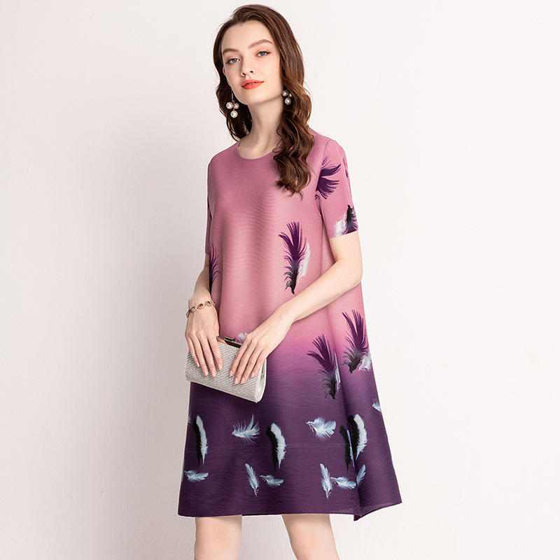 Digital Feather Print Dresses Summer Fashion Women's Pleats Elastic Dress