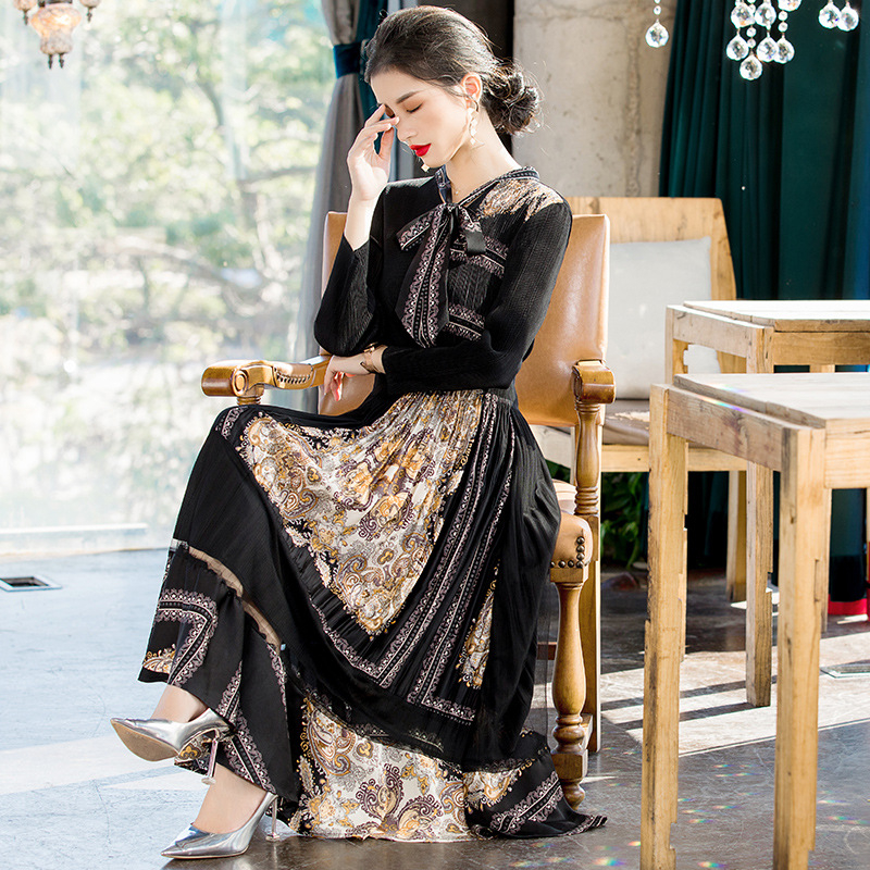 French Retro Large Dress 2020 Spring New Fashion Printed Pleated Dress