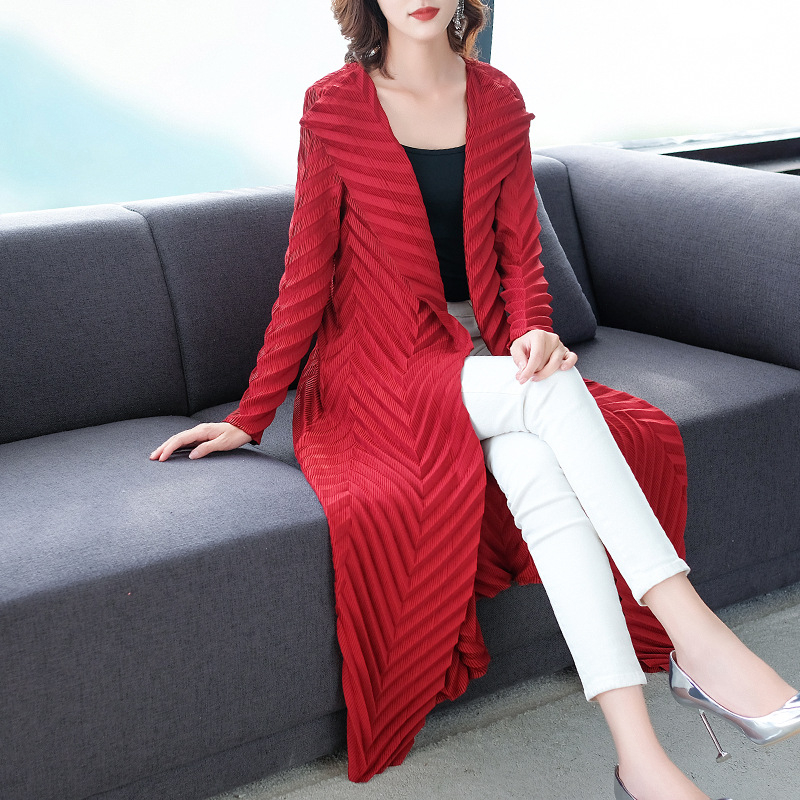 Loose-size Pleated Windbreaker New Women Autumn 2019 Long-sleeved Jacket Pleated Cardigan