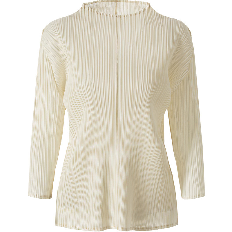 New Pleated Women's Solid Color Simple Round Neck Bottomed Pullover Long Sleeve Top