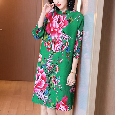 Chinese Style Retro Printing Plus Size Dress Spring 2021 New Women's Loose Pleated Dress