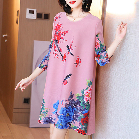 Chinese Style Retro Printed Mother's Dress Spring 2021 New Women's Loose Plus Size Pleated Dress