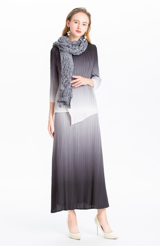 Women Pleated Dress Gradient Colour Spring Autumn Long Sleeve Irregular Tops Elegant Leisure Dress Clothing Sets