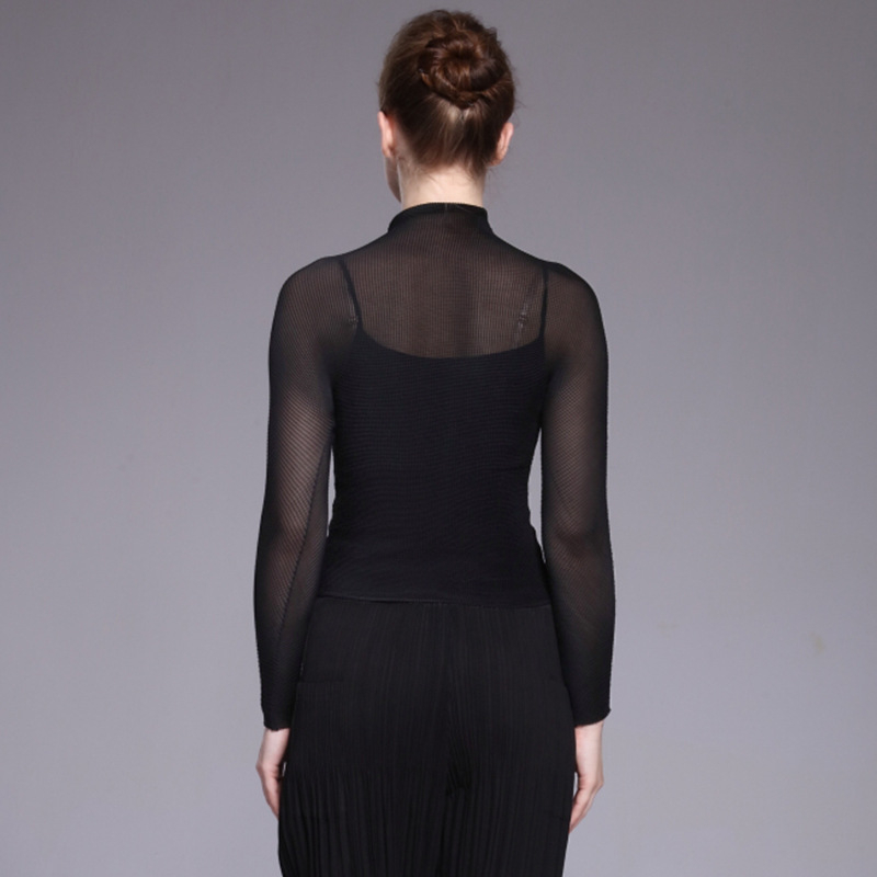 Long Sleeve T-shirt Women's Spring Summer Perspective Sexy Base Shirts High Collar Pleated Top