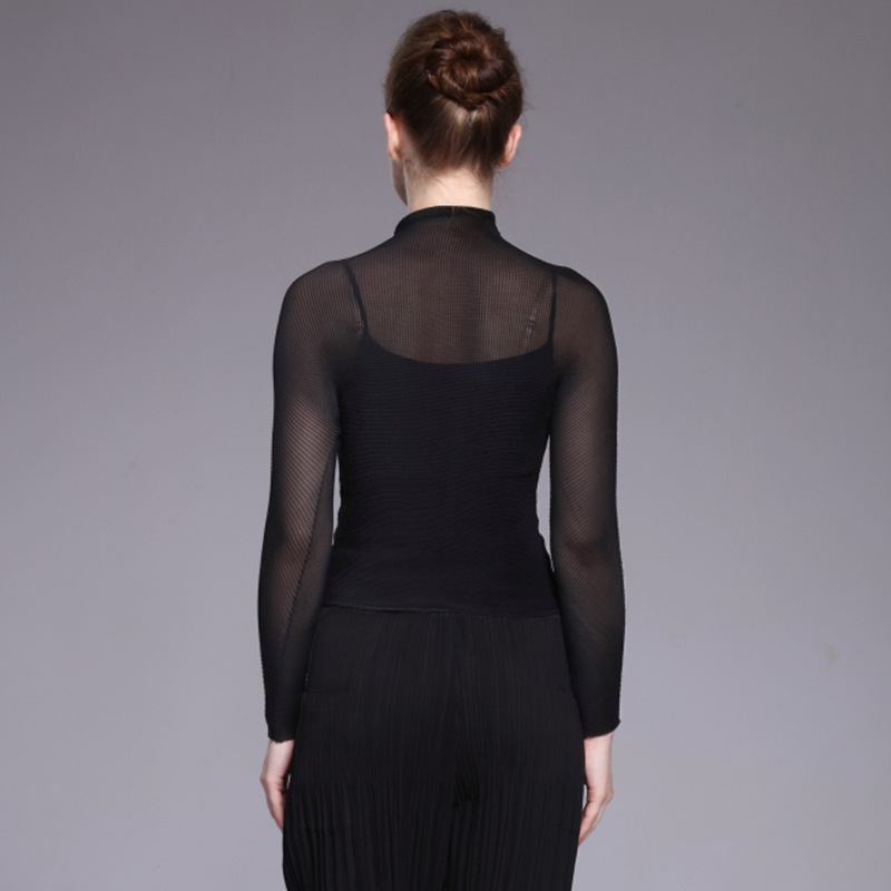 Long Sleeve T-shirt Women's Spring Summer Perspective Sexy Base Shirts High Collar Pleated Top