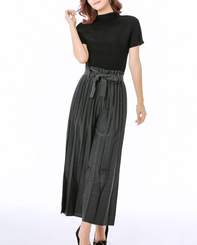 Pleated Suit Fashion Slim Pleated Solid T-shirt Loose Three-dimensional Wide Leg Pants Two Pieces Clothing Set