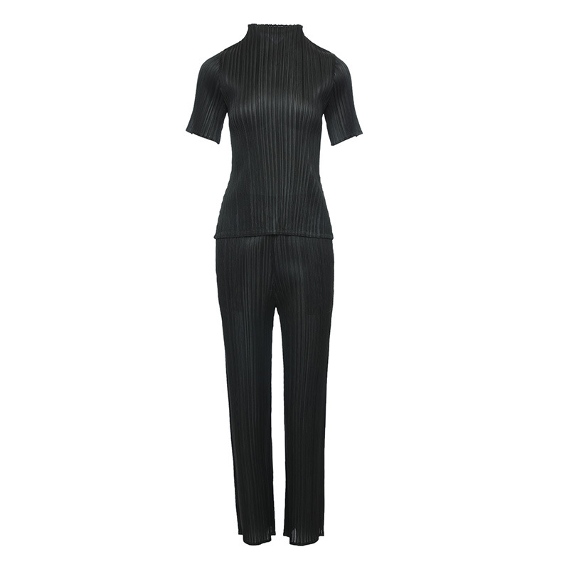 Spring Summer 2020 Women Pleated Suit Women's Short Sleeve Top Fashion Slim Straight Pants Two-piece Set