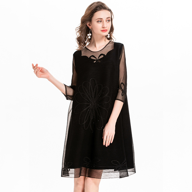 Butterfly Patch Drill Net Yarn Pleated Dress Pure Color Patch Drill Dresses