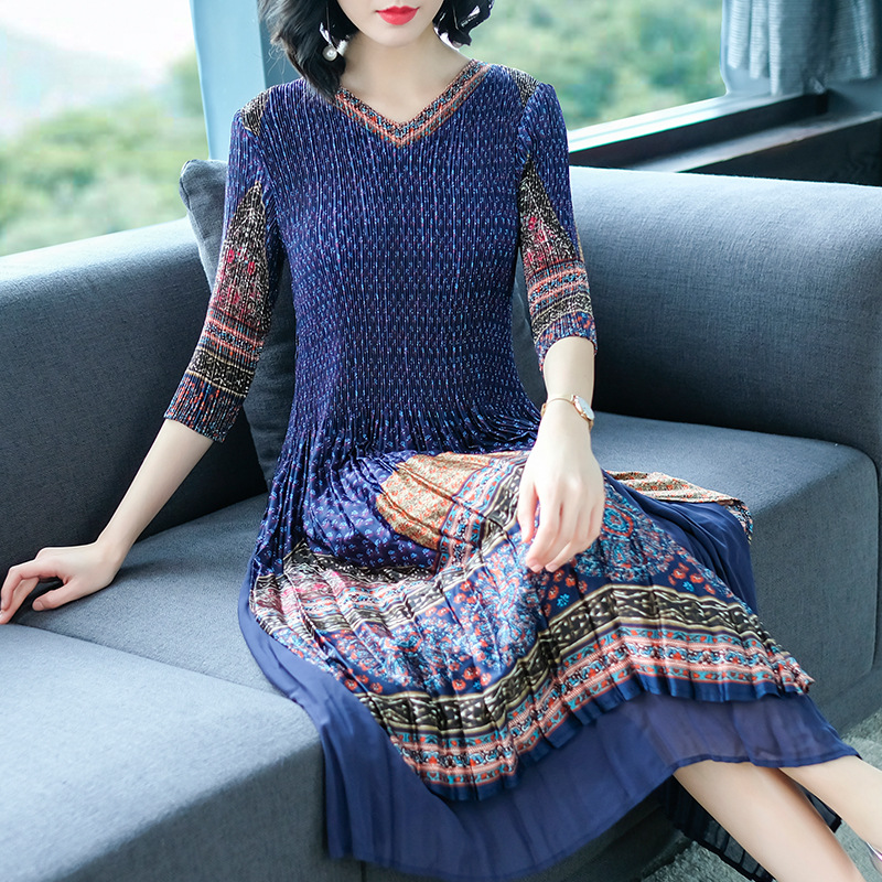 French Vintage Big Size Prints Dress Pleated Middle-aged Women's Dress