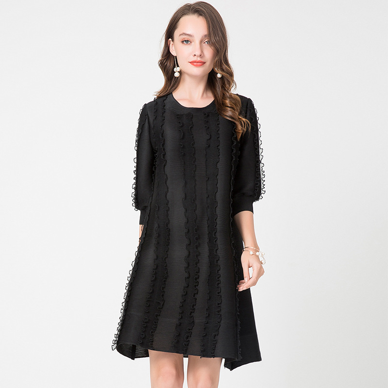 Mesh Ear Women Pleated Bar Wood Ear Mesh 7-sleeve Static Color Dress