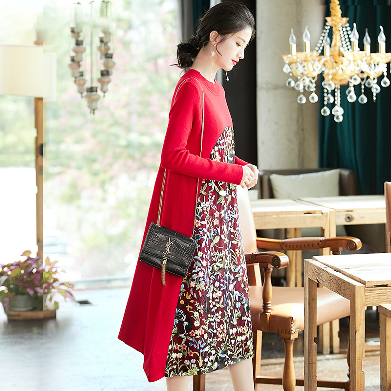 Fashionable All-around Embroidered Knitted Dress Thin Bottom Dress Women's Autumn And Winter 2019 Large Dress