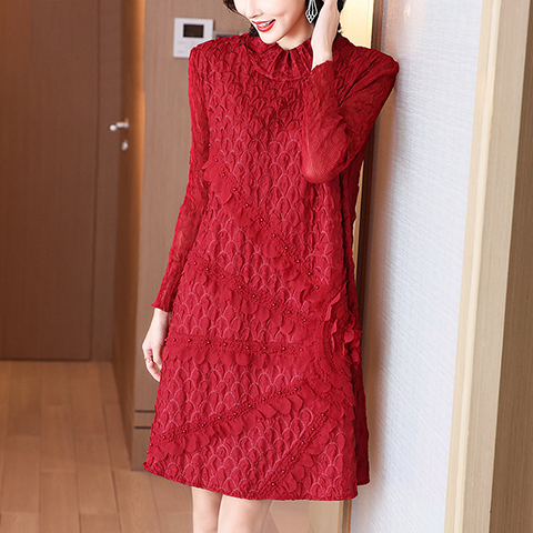 High End Pleated Embroidered Red Dress For Women's Autumn And Winter New Style Long Sleeve Dress