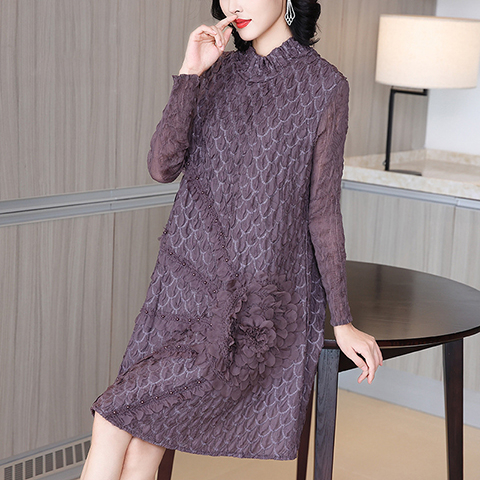 Embroidered Pleated Dress Autumn Winter Women's New Plus Size Long Sleeve Dress