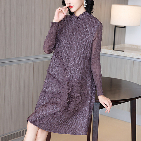 Embroidered Pleated Dress Autumn Winter Women's New Plus Size Long Sleeve Dress