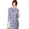 2021 Spring New Striped Pullover Light Medium Length Skirt Loose Waist Blue Casual Round Neck Dress