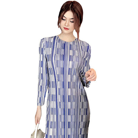 2021 Spring New Striped Pullover Light Medium Length Skirt Loose Waist Blue Casual Round Neck Dress
