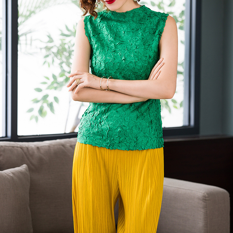 Summer Women Crinkled Office Lady Satin Fashion Sleeveless O-neck Pullover Tidal Blouses Shirts