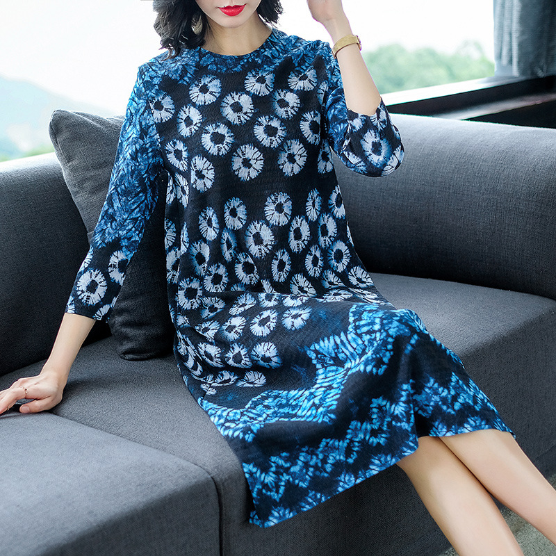 New Spring Pleated Dress Ladies'temperament Ink Printed Loose Large Size Dresses