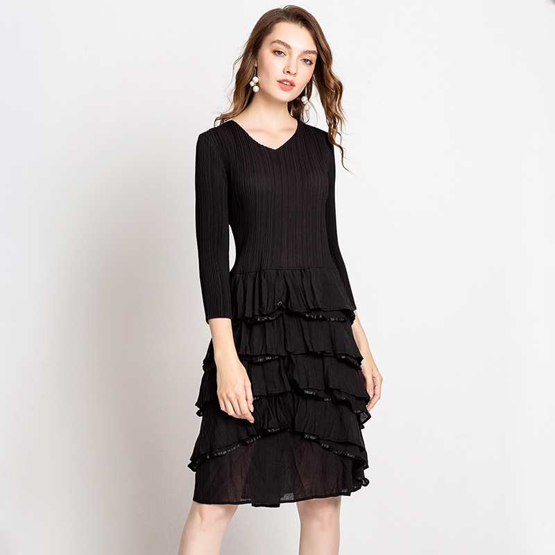 Women Pleats A-line Solid Three Quarter Sleeves Draped Autumn Dress