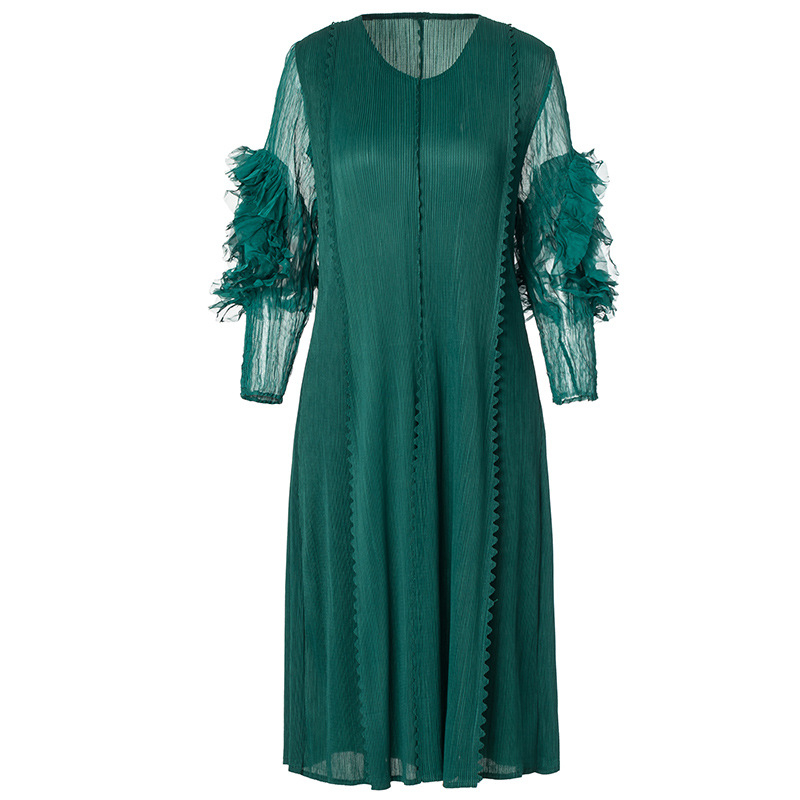 Spring Women Pleated Fashion New Solid Color Lace Puff Sleeves Loose Long Sleeves Lady Dress