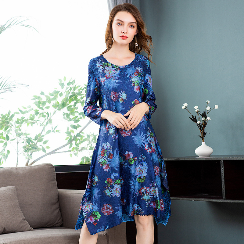 Spring Autumn Women Crinkled Digital Print High End Fashion New Loose Big Size Dress