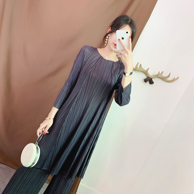 Lady Pleated Pullover Tops Trousers Fold Suit Female Autumn Fashion Two-piece Large-size Clothing Sets