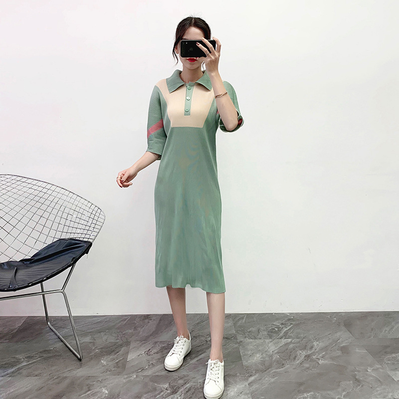 Pleated Lapel Color Blocking Dress 2019 Winter New Large Women's Dress