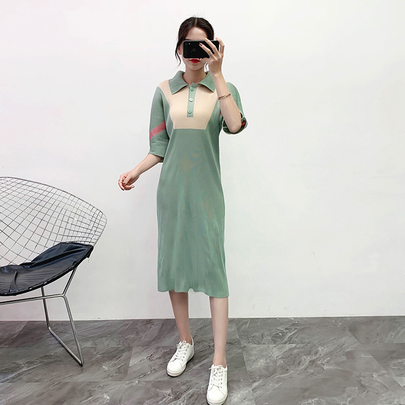 Pleated Lapel Color Blocking Dress 2019 Winter New Large Women's Dress