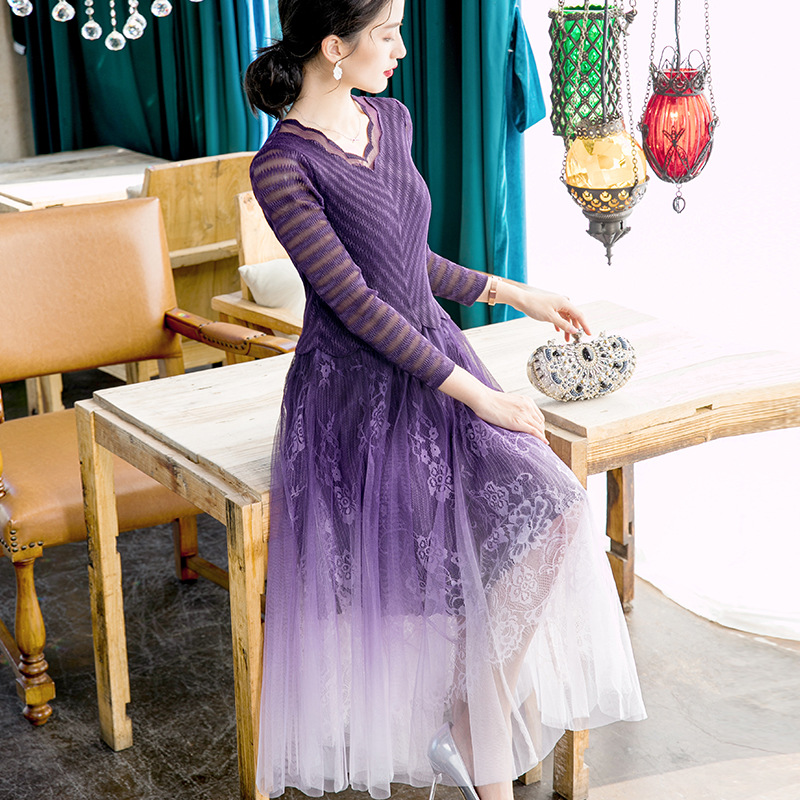 Spring Women Fashion New Pleated Dress Elegant Lace One Piece Popular Loose Dress